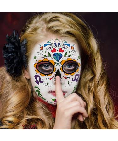 Day of the Dead Face Tattoos - 10 Sugar Skull Floral Designs for Halloween Party - Temporary Full Face Stickers for Adults & Kids - Buy Online on GoSupps.com
