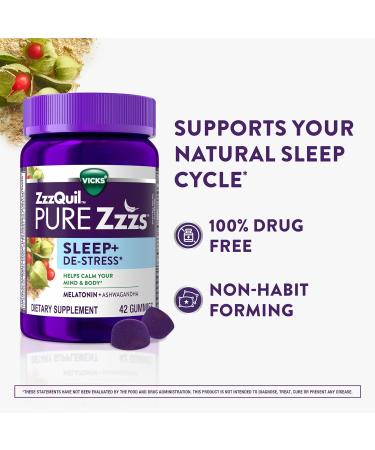 ZzzQuil PURE Zzzs De-Stress Melatonin Sleep Aid Gummies Helps Calm Your Mind and Body Ashwagandha for Stress Support Sleep Aids for Adults 1 mg per gummy 42 Count Blackberry Vanilla 42 Count (Pack of 1) - Buy Online on GoSupps.com