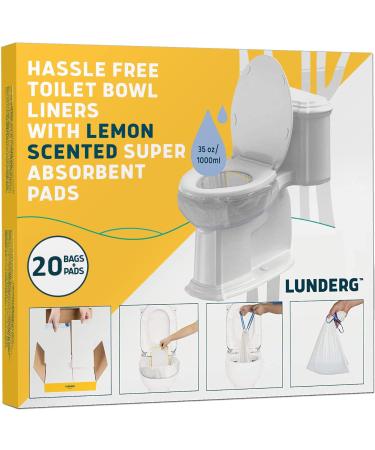Lunderg Toilet Bowl Liners with Lemon Scented Super Absorbent Pads - Value Pack 20 Count Universal Fit - Disposable Toilet Bags to Convert any Home Boat or Camping Toilet in a Dry Toilet