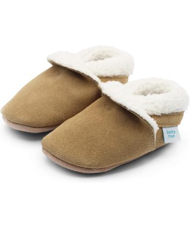 Dotty Fish Suede Baby Slippers | Warm Fleece Lined Infant Toddler Shoes | Non-Slip Soft Sole | Boys Girls 0-6 Months to 5-6 Years | Tan 2-3 Years - Buy Online on GoSupps.com