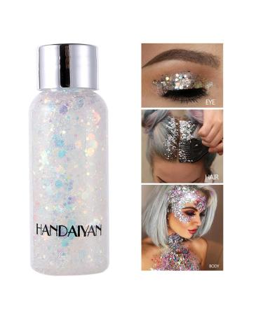 Mermaid Sequins Body Glitter Gel  Make Up Long Lasting Glitter for Body Face Hair Eyeshadow  Music Festival Party Carnival Long Lasting Face Glitter  No Glue Needed and Easy to Remove. (White)