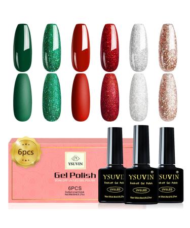 Yueshop Christmas Collection Gel Nail Polishes Red Green Silver Gold Glitter 6 Colours Soak off LED UV Lamp Nail Varnish Sets for Nail Art Salon Design Starter Set