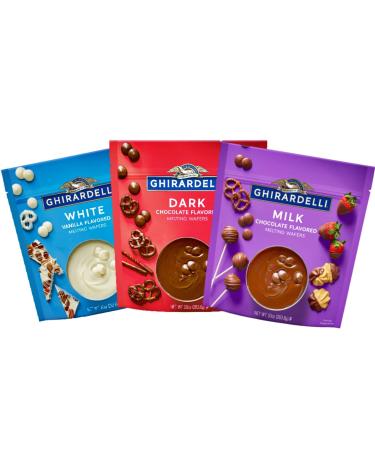 Ghirardelli Melting Chocolate Wafers Baking Variety Pack with Dark White Milk Chocolates for Halloween Cookies, Baking, Fondue and Candy Dipping, Set of 3, 10 Ounces