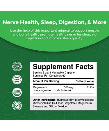High Absorption Magnesium Complex Supplement - Pure Magnesium Citrate 500mg with Oxide for Sleep, Digestion & Mood Support - 500mg Capsules - Buy Online on GoSupps.com