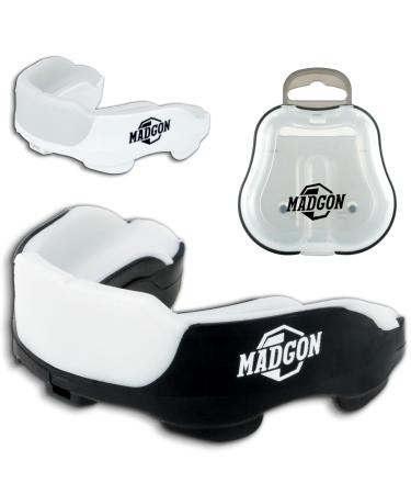 Madgon Premium Mundsprung for ideal breathing.Tooth protection perfectly adjustable with transport box.For martial arts MMA boxing kickboxing hockey football - adults black and white