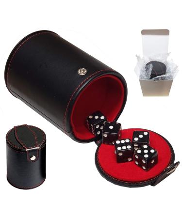 Set of Dice Cup with Storage Compartment Black PU Leather Red Felt Lined + (5) 16mm Transparent Dice (Gift Boxed) (Black Glitter)