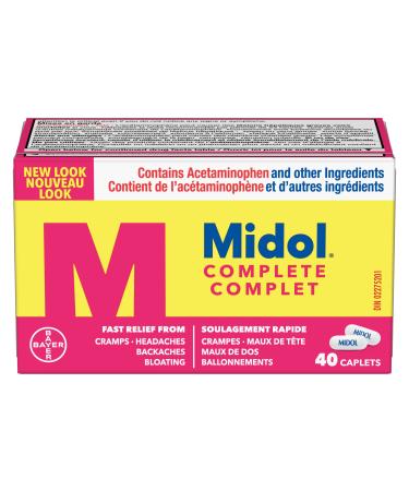 Midol Complete Pain Reliever Fast Multi-Symptom Period pain relief from Cramps Headache Backaches and Bloating (40 Caplets)