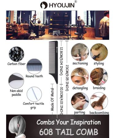 HYOUJIN Carbon Hair Rat Tail Comb - Teasing Rattail Comb for Women with Fine Tooth Metal Pick - Detangling Comb for Curly Hair, Black - 1 Count - Buy Online on GoSupps.com