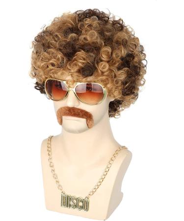 Topcosplay 3 PCS Men's Wig 70s 80s Disco Dude Dirt Bag Wig & Moustache Necklace Short Curly Afro Shaggy Wig Blonde Mixed Black Brown
