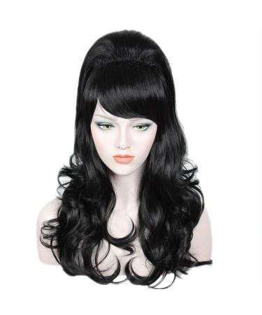 Linfairy Long Wavy Black Wig Big Bouffant Beehive Wigs for Women fits 50s 80s Costume