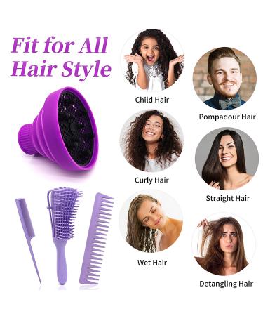 Collapsible Silicone Hair Dryer Diffuser & Detangler Brush Set - Professional Folding Attachment for 1.57 to 1.97 Nozzle, Ideal for Straight or Curly Hair - Purple - Buy Online on GoSupps.com