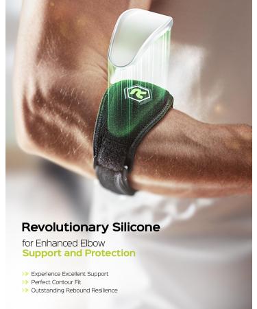 Rakiie Elbow Bandage Pro 2-Pack | Larger Silicone Pads for Tendon Support & Pain Relief | Ideal for Men & Women | Black - Buy Online on GoSupps.com