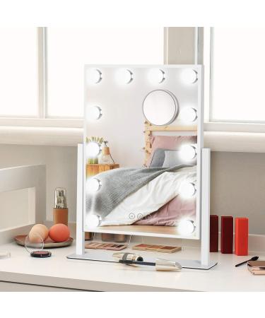 HUONUL Vanity Mirror with Lights  Hollywood Makeup Mirror  12 LED Dimmable Bulbs  Large Lighted Makeup Mirror  3 Colors Lighting  Removable 10X Magnifying Mirror  Touch Control