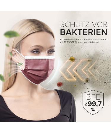 100 Disposable Face Masks, Made in Germany, Type IIR & CE Certified - Breathable Triple Layer - 99.78% Filtration - Elastic Earloops - Bordeaux - Buy Online on GoSupps.com