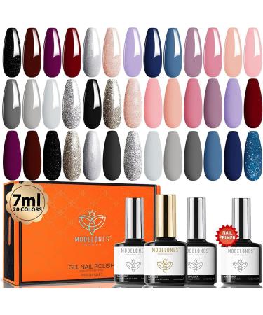 Modelones 24 Pcs Gel Nail Polish Set 20 Colors Nude Pink Gray Neutral Gel Polish Set with Prep Bond Primer Glossy & Matte Top Base Coat Nail Art Manicure DIY Salon Gift Kit Blue Gray