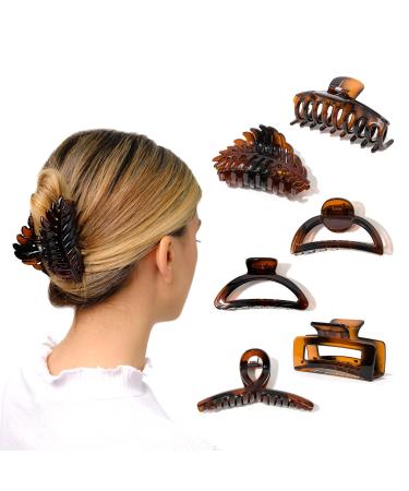 Brown Hair Claw Clips Set - 6 Unique Pairs of Trendy Mixed Design Brown Hair Claw Clips -Hair Clips for Thick Thin Fine Long Hair - 6 Dark Brown Hair Clips