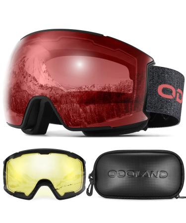 Odoland Magnetic Interchangeable Ski Goggles Set with 2 Lens, Anti-Fog 100% UV Protection Snowboard Snow Goggles Men Women Black Frame Blaze Lens Vlt 25%