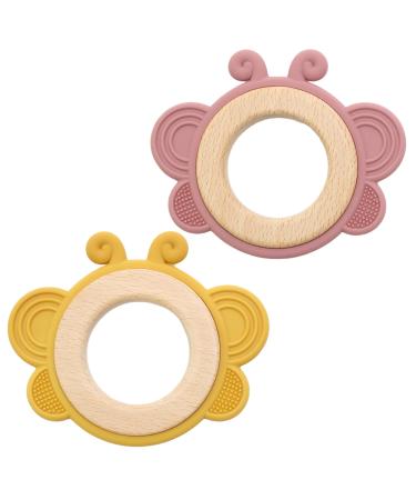 Gigi Kids-Set with 2 baby butterfly bite rings-baby toys from 3 months 100% BPA-free silicone and beech wood baby bite ring during the toothing phase: pink yellow yellow dark pink - Buy Online on GoSupps.com