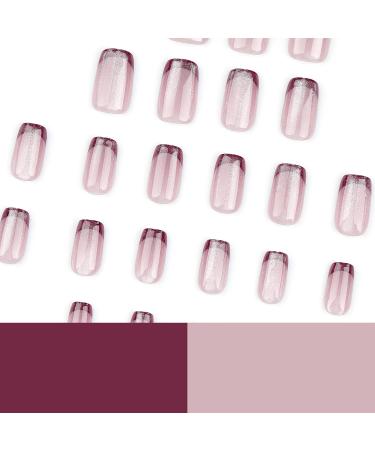 French Tip Press on Nails - Short Square Press On Nails with Nail Tips Red Edge French Nake Pink Cat Eye False Nail Sparkling pink Glossy press on nails Acrylic False Nails Cute Artificial Nails - Buy Online on GoSupps.com