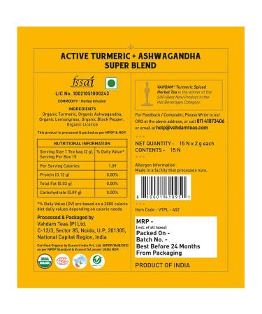 VAHDAM Organic Turmeric Ashwagandha Herbal Tea - 30 Tea Bags | USDA Certified Superfood for Immune Support & Detox - Buy Online on GoSupps.com