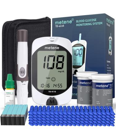 Metene TD-4116 Blood Glucose Monitor Kit, 100 Glucometer Strips, 100 Lancets, 1 Blood Sugar Monitor, Blood Sugar Test Kit with Lancing Device, Diabetes Testing Kit, Coding-free Meter, Large Display 206