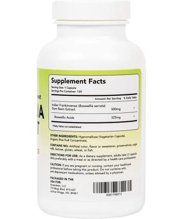 Amandean Boswellia Serrata Extract 500mg - 120 Veggie Capsules | Premium 65% Boswellic Acids with AKBA | Natural Ayurvedic Supplement for Inflammation & Joint Pain - Buy Online on GoSupps.com