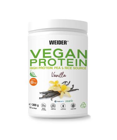 Weider vegan protein (300g) vanilla taste.23g protein/dose hereditary isolate (Pisane) & rice proteins.With vitamin B12 and Stevia.Gluten -free sugar -free.Packaging 50% recycled 100% recyclable 300g vanilla
