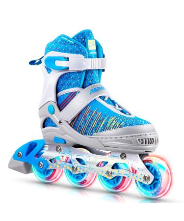 PAPAISON Inline Skates for Boys and Girls with Full Light up Wheels, Beginner Adjustable Illuminating Roller Skates for Kids Youth Women and Men Blue & Grey Large - Youth & Adult
