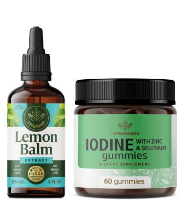 HERBAMAMA Lemon Balm and Iodine Kit - Bundle of Lemon Balm Tincture 4 fl oz & Potassium Iodine Gummies - Vegan Non-GMO Alcohol & Gelatin-Free - 2 Pack