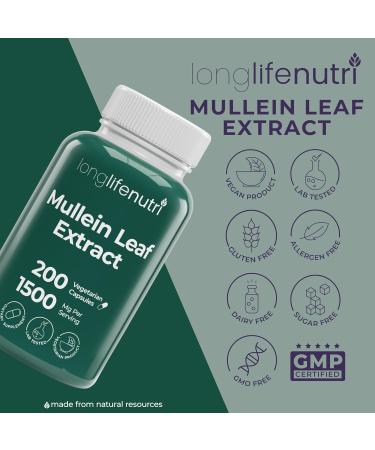 LongLifeNutri Mullein Leaf 1500mg 10:1 Extract - 200 Vegetarian Capsules from Organic Mullein Leaf Powder Herbal Supplement for Respiratory Care 2-Month Supply Non-GMO GMP Certified Made in USA - Buy Online on GoSupps.com
