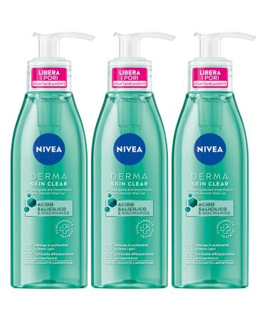 NIVEA Nivea Derma Skin Clear Anti-Blemish Facial Cleansing Gel Vegan Formula with Salicylic Acid and Niacinamide to Remove Excess Oil Against Impurities and Blackheads - 3 x 150ml Bottles