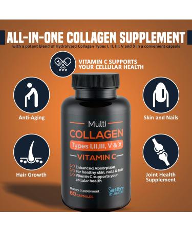 Saint-Marie de los Andes Multi Collagen Pills (Types I II III V & X) + Vitamin C + Absorption Enhancer (1 Month Supply) - Collagen Supplements to Support Hair Skin Nails Joints & Gut Health - Buy Online on GoSupps.com