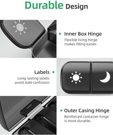 Large Weekly Pill Organizer 2x Daily AM PM One-Side Open Pill Box, 7 Day, Black Privacy Protection for Vitamins & Medication - Buy Online on GoSupps.com