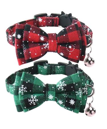 Malier Christmas Cat Collar with Snowflake Pattern Bow tie and Tiny Bell, Adorable Collar with Light Adjustable Buckle Pet Accessories for Kitten Kitty Cats Puppy Red + Green