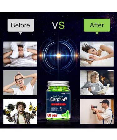 AMAZKER Bell-Shaped Ear Plugs 60 Pairs with Aluminum Carry Case - SNR-35dB Noise Reduction for Sleeping, Snoring, Study, Travel - Ultra Soft and Cordless - Bright Green - Buy Online on GoSupps.com