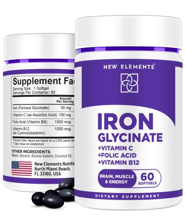 Iron Glycinate 50mg with Vitamin C Folic Acid & B12 | Advanced Iron Supplement for Anemia Relief Energy Boost & Immune Support | Gentle on Stomach Fast Absorption | Natural Softgels for Women & Men