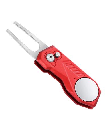 Mile High Life Golf Divot Repair Tool w Magnetic Golf Ball Marker | All Metal Foldable Divot Tool w Pop-up Button | Golf Accessories for Men G-Red