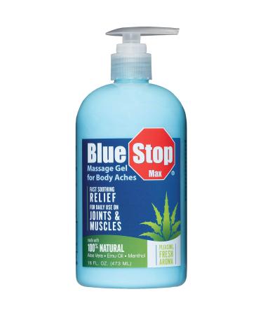 Blue Stop Max Massage Gel and Muscle Rub Made with Aloe Vera, Emu Oil, and Menthol - Provides Muscle, Joint, and Body Ache Relief - Non-Greasy for Everyday Relief - 16 Oz Pump Bottle 16 Fl Oz (Pack of 1)