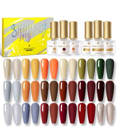 BORN PRETTY Fall Winter Gel Nail Polish Set Wine Red Orange Pumpkin Gray Green Series Gel Nail Polish Set Colors Collection with Base&Top Coats Gel Nail Varnish Gifts Set 7ML 21PCS Caramelized Pumpkin Gel Series