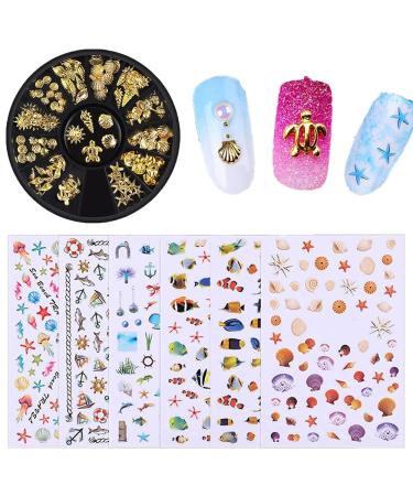 Beach Theme Nail Art Stickers Charms Gold Metallic Studs Turtle Marine Summer Nails Art Decoration for Acrylic Polish Craft (Ocean)