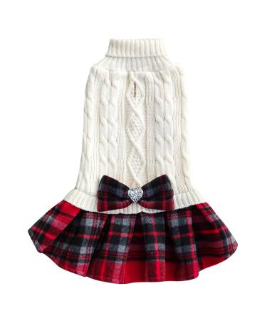 KYEESE Dog Sweater Dress with Leash Hole Plaid with Bowtie Turtleneck Dog Pullover Knitwear Pet Sweater Warm for Fall Winter Medium (Pack of 1) 1# Beige