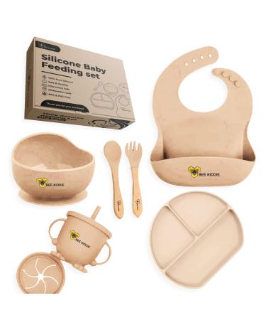 Baby Feeding Set Weaning Set Eco Friendly BPA Free 7pcs Silicone Suction Bowl Plate and Cup Adjustable bib 2X Cup lids Spoon and Fork with Wooden Handle. Toddler Gift Set. (Beige)