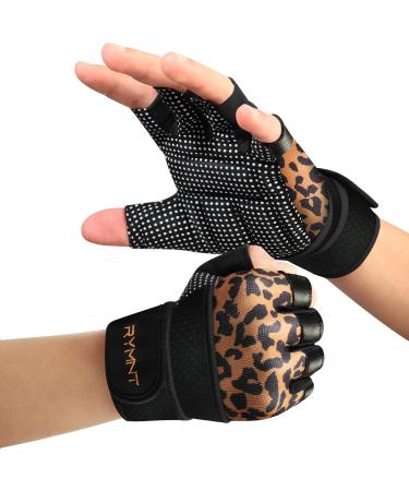 RYMNT Workout Gloves with Wrist Wrap Support, Weight Lifting Gloves with Full Palm Protection & Extra Grip for Men Women Gym Exercise, Cross Training, Weightlifting, Pull ups Leopard Medium
