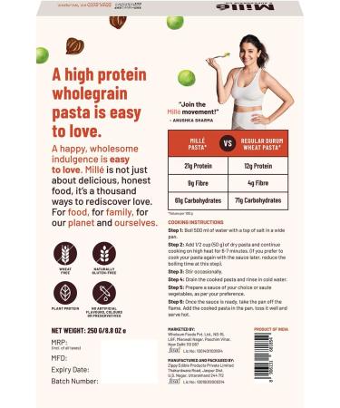 Mille High Protein Fusilli Pasta | No Maida | 1.8X Plant Protein | 250Gms - Buy Online on GoSupps.com