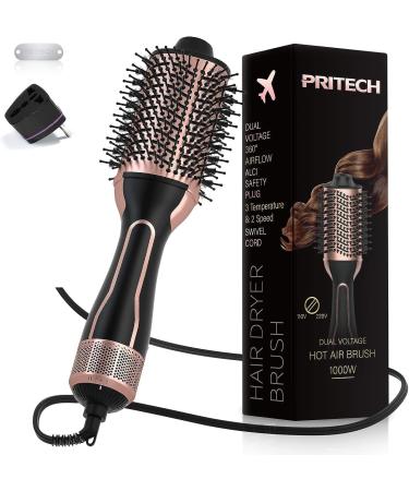 Dual Voltage Hair Dryer Brush PRITECH Hot Air Brush 110V-120V/220V-240V Ionic 1000W Blow Dryer Brush 4 in 1 Styler One Step Volumizer Styling Brush for Straight and Curling Hair Salon