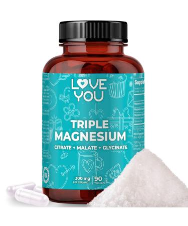 Love You Triple Magnesium Complex 300mg per Serving, Premium Magnesium Glycinate, Citrate & Malate High Absorption for Muscle, Nerve & Sleep Support, 90 Veggie Capsules Made in USA