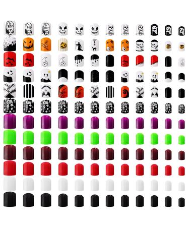 288 Pieces 12 Sets Halloween Fake Nails Short Square False Nails Glossy Acrylic Artificial Nails Solid Color Full Cover Artificial Nail Tips Pumpkin Spider Pattern Fake Nails (Simple Style)