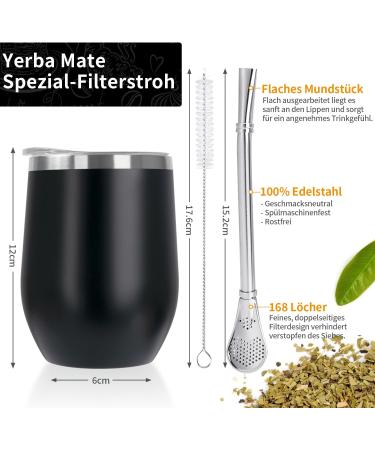 Telanks Mate Becher - 340ml Double-Walled Stainless Steel Yerba Mate Cup with Bombillas & Cleaning Brush | Black - Buy Online on GoSupps.com