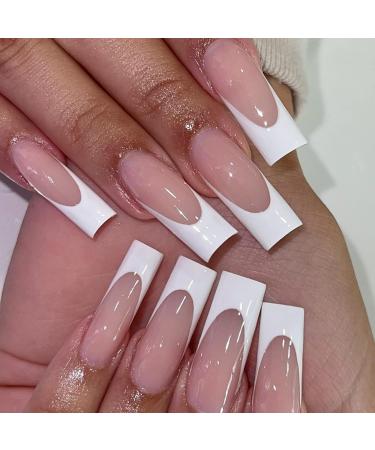 Long Press on Nails Square French Tip Fake Nails White Nail Tip Acrylic Nails Full Cover False Nails with Minimalist Design Glossy Glue on Nails Summer Artificial Nails Stick on Nails for Women 24Pcs B1