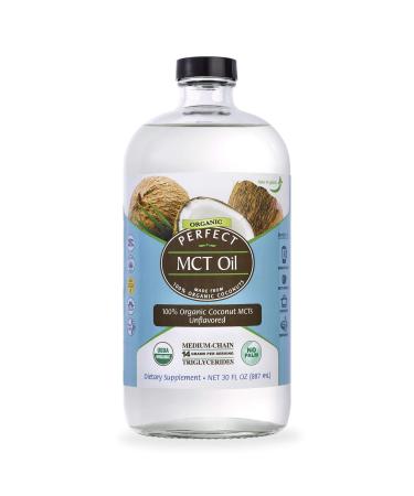 Perfect MCT Oil, 100% Organic Coconut MCT Oil, Non-GMO, 30 Oz, Unflavored, Packaged in Glass Bottle, Great for Keto Diets